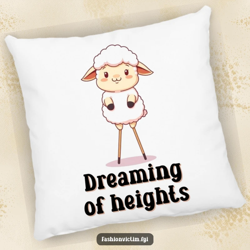 Funny pillow showing a fluffy sheep comically attempting a balancing act on stilts, perfect for farm lovers.