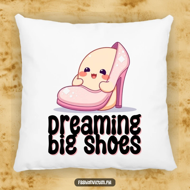 Funny pillow showcasing a cheerful blob character admiring an oversized, sparkly shoe, bringing cozy glamour and playful humor.