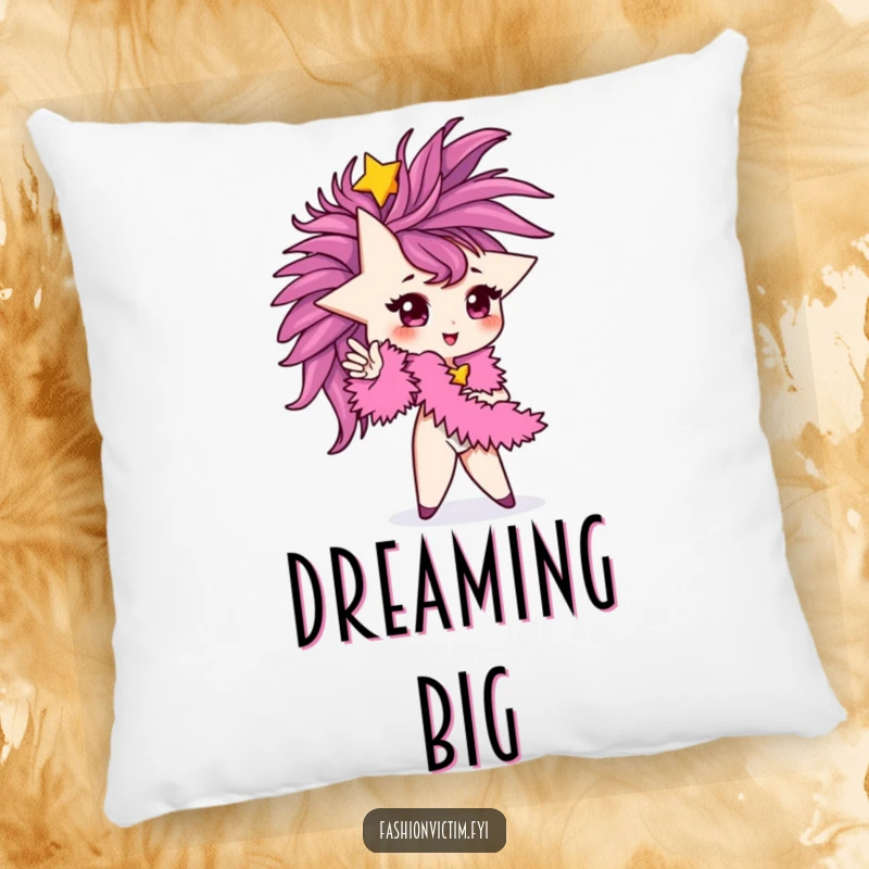 Funny Pillow featuring a tiny star character posing glamorously with a feathered boa. Soft, stylish, and fun.