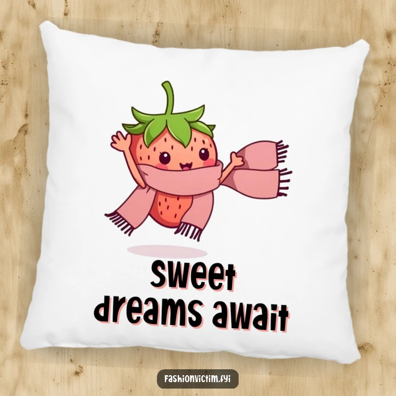 Funny pillow with a tiny strawberry character waving a miniature stylish scarf. Soft, humorous decor.