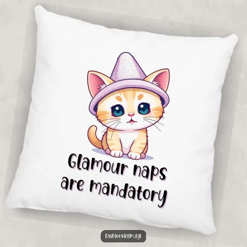 Funny pillow with a tiny cat trying on a dazzling, oversized, sparkly hat; adds a touch of adorable and humorous feline decor.