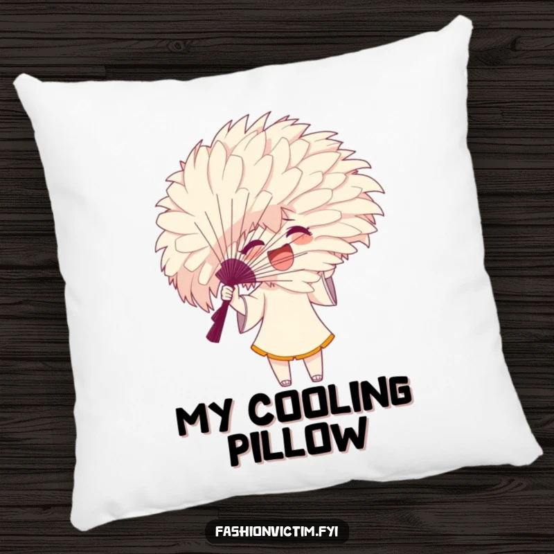 Funny pillow with an excited character gesturing with a huge, feathery fan that obscures their face, for comfort.