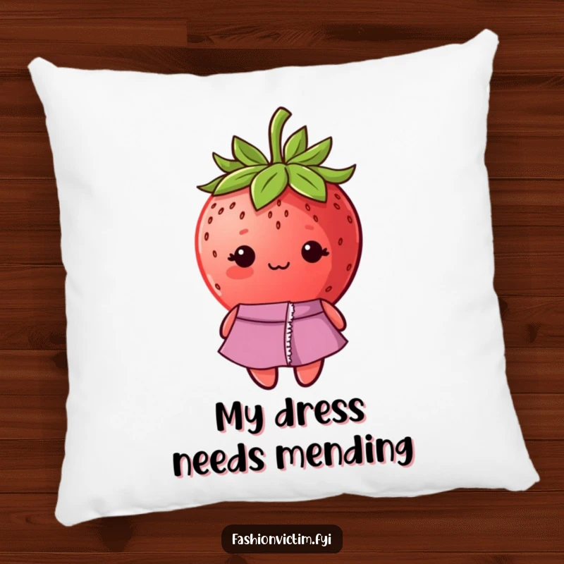 Funny decorative pillow with a shy strawberry character having a ripped seam on its fashionable dress, looking bashful.