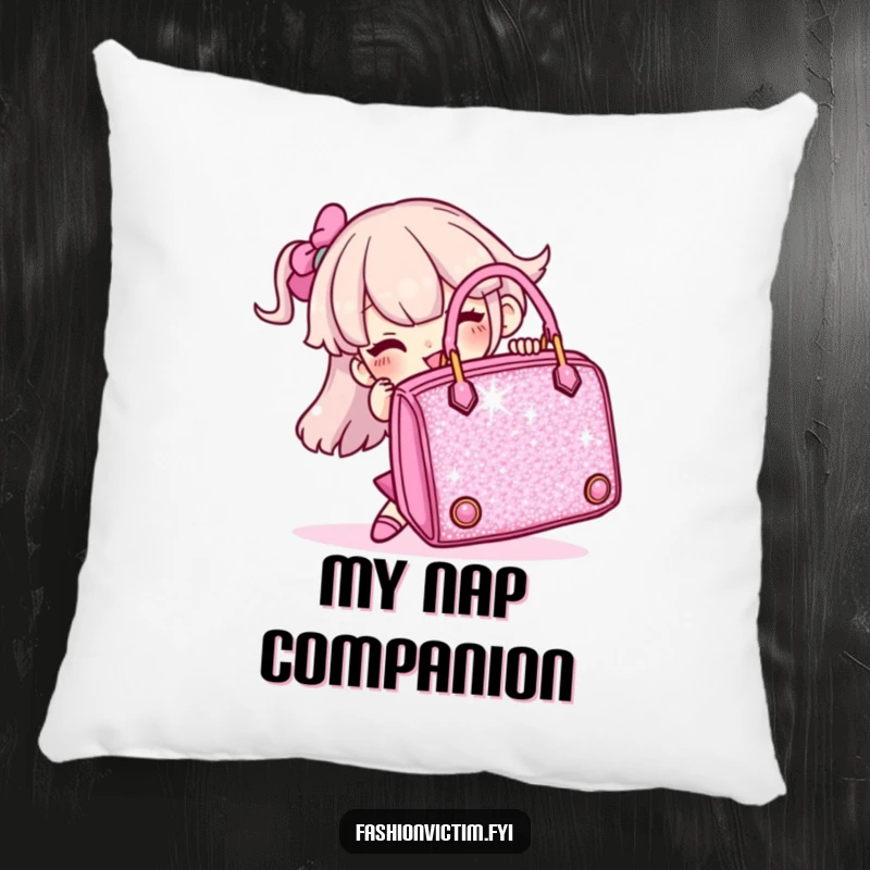Funny pillow featuring a character comically stuck with a giant, sparkly handbag, offering comfort and laughs.