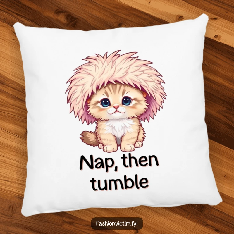 Funny pillow featuring a fluffy kitten falling over, its large feathered hat tilted amusingly.