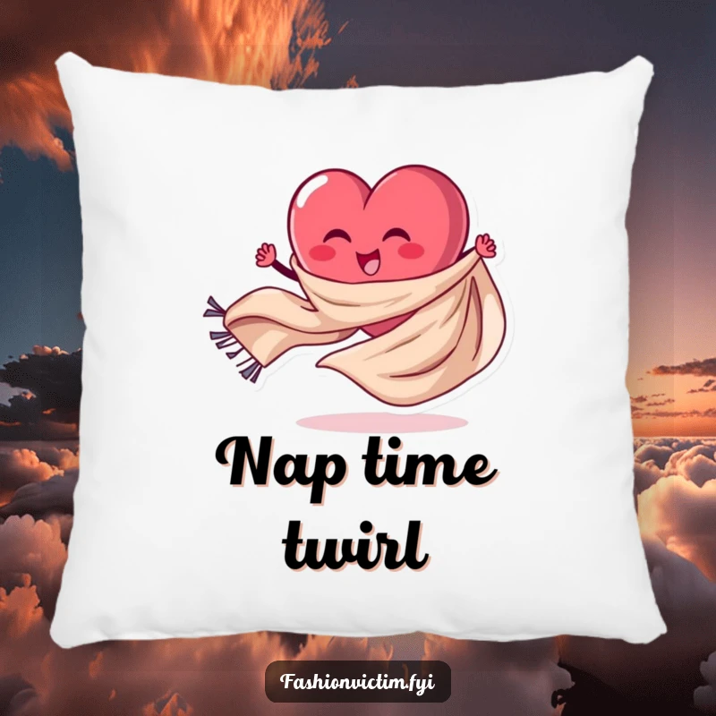 Funny Pillow featuring a stylized heart character caught in a mid-spin, surrounded by a flowing scarf. Whimsical and cute.