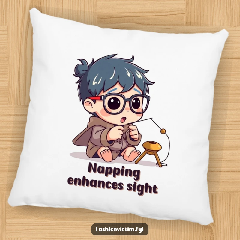 Funny pillow with a character enthusiastically attempting to thread a tiny needle while wearing enormous spectacles.