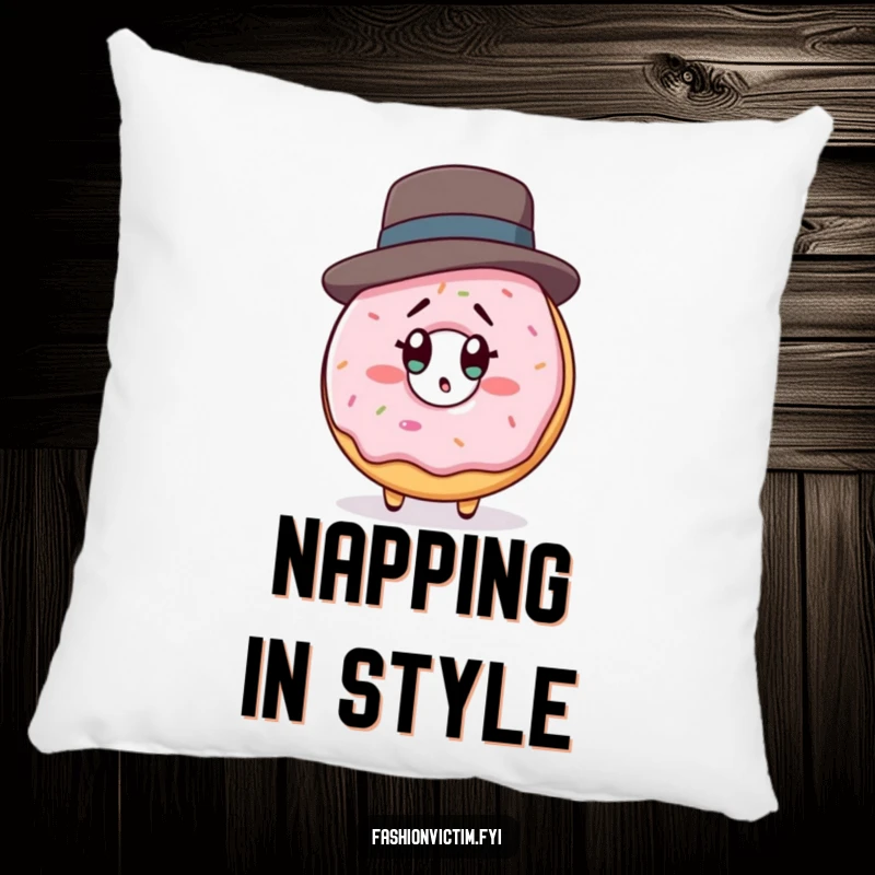 Funny pillow featuring a donut character in a tiny designer hat, looking shocked at its reflection, adding humorous decor.