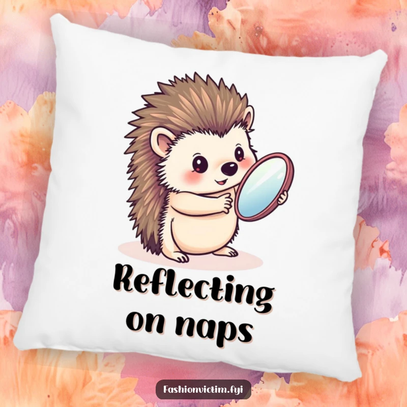 Funny pillow showcasing a charming hedgehog admiring itself in a handheld mirror, adding a comfortable and humorous touch to any seating area.