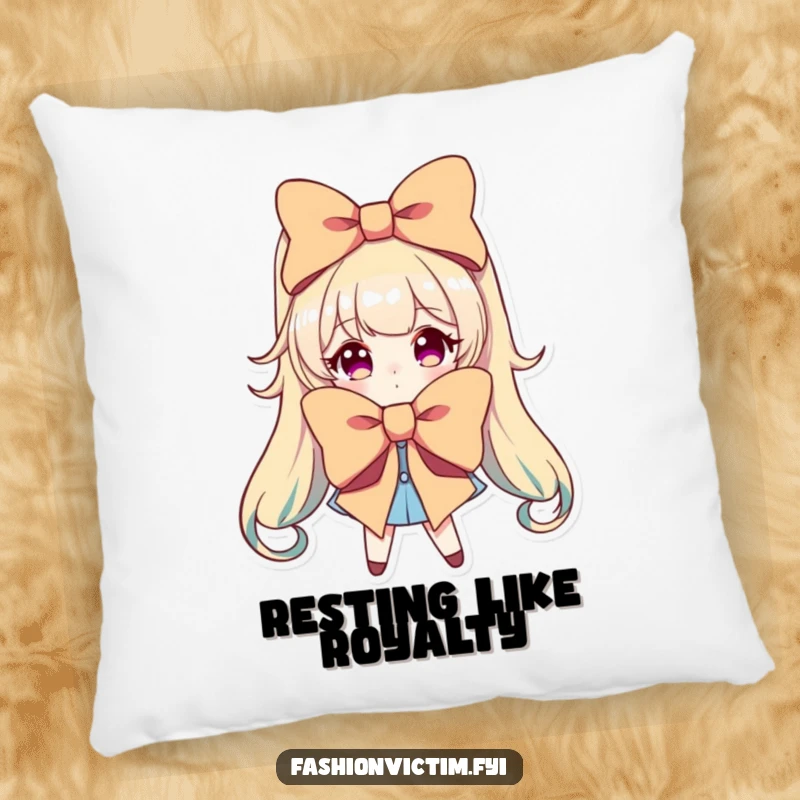 Funny pillow with a character dramatically posing with an oversized, brightly colored bow, adding a touch of glamour.