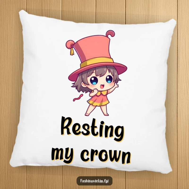 Funny pillow featuring a character posing dramatically with a towering, brightly colored hat, symbolizing bold expression.
