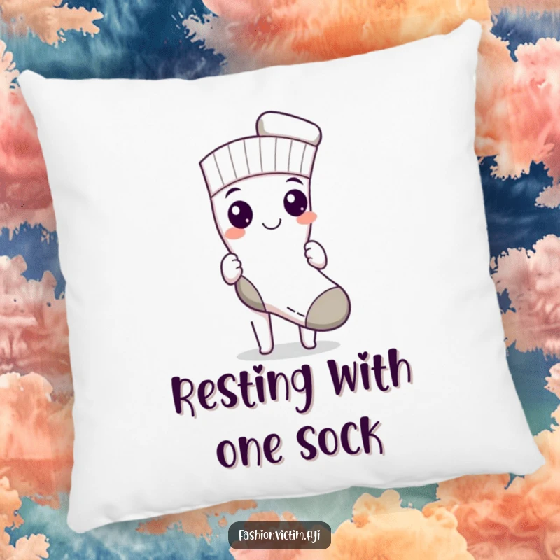 Funny decorative pillow featuring a character with a triumphant grin, proudly holding up a single, perfectly matched sock.