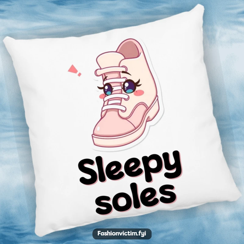 Funny pillow design of a character with a surprised expression, reacting to a shoe that winked with a tiny eye, providing comfort and humor.