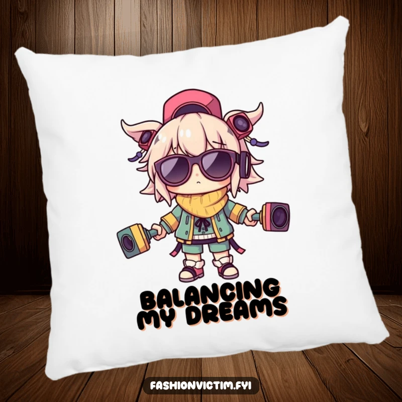 Funny pillow with a character attempting to balance outlandish accessories, offering comfort and a humorous representation of busy life.