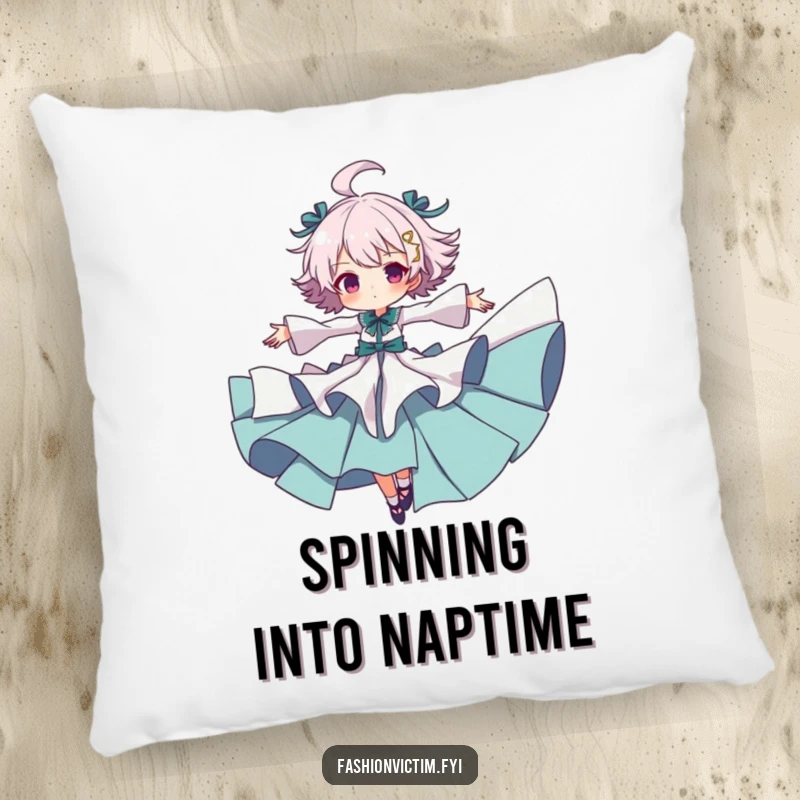 Funny pillow featuring a character in ruffled clothes spinning joyfully with arms outstretched, offering humorous comfort and dramatic flair.