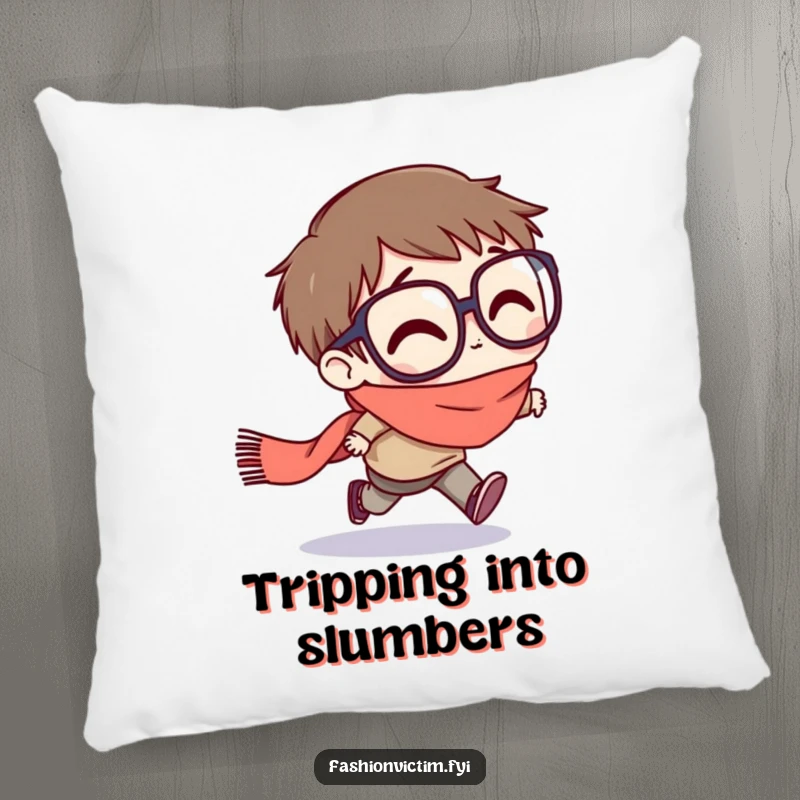 Funny pillow featuring a character with exaggeratedly large glasses stumbling forward, tripping hilariously on a trailing scarf.