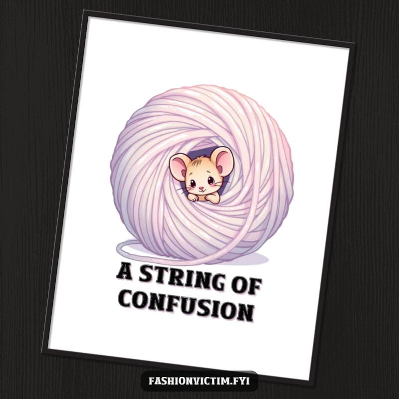 Funny mouse digital art print, a tiny confused mouse tangled in a giant shimmering ball of yarn, instant decor.