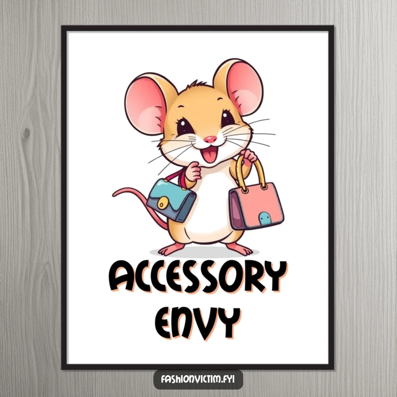 Funny digital art print of a tiny mouse ecstatically holding a miniature designer handbag, offering instant whimsical and stylish wall decoration.