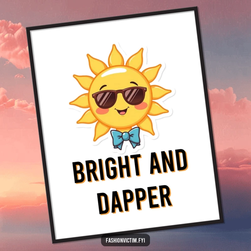 Funny digital art print of a cheerful smiling sun wearing sunglasses and a bowtie. Humorous wall decor.