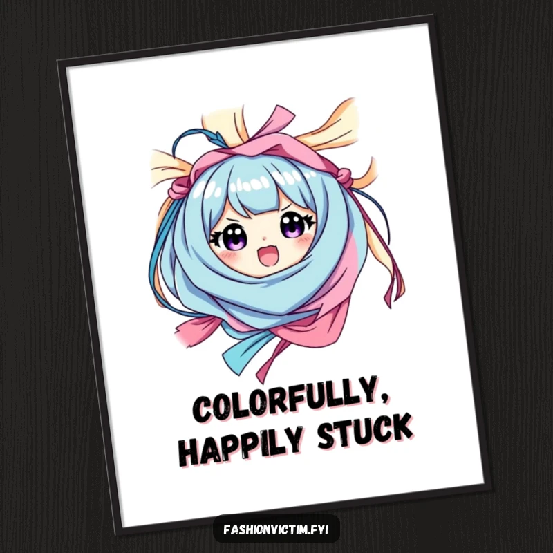 Funny digital art print of a character happily tangled in colorful fabric with a surprised, beaming expression, ideal for humorous decor.