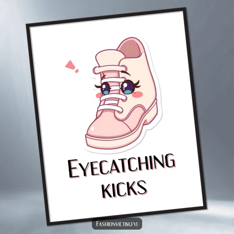 Funny digital art print showcasing a character looking astonished at a shoe winking with a tiny eye, capturing a whimsical and humorous artistic moment.