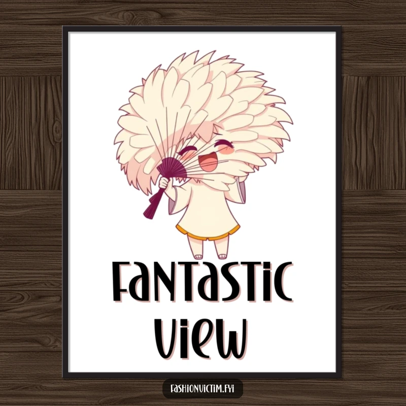 Funny digital art print of an excited character gesturing with a large, feathery fan that hides their face, for decor.