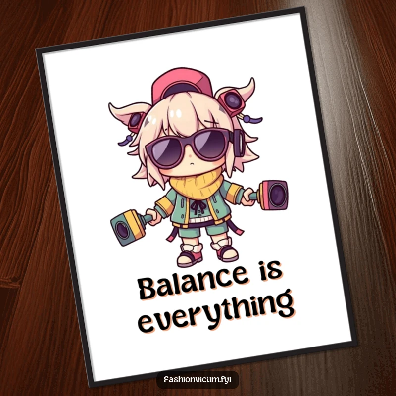 Funny digital art print of a character balancing outlandish accessories, perfect for adding a humorous and chaotic vibe to walls.