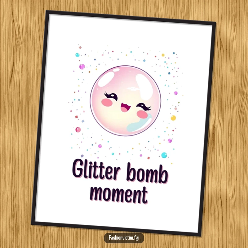 Funny bubble character delightedly popping in a dazzling shower of glitter and sequins, available as a digital art print.