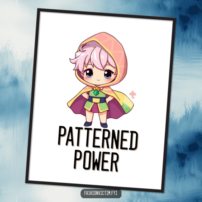 Funny digital art print of a proud character showcasing a brightly patterned, oversized cape billowing behind them, printable wall art.