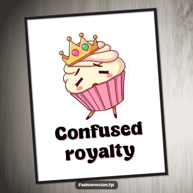 Funny digital art print of a confused cupcake wearing a backward tiny crown and tripping.