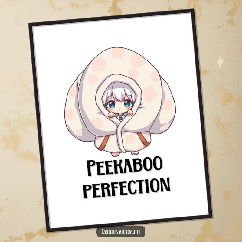 Funny Digital Art Print of a bashful character peeking from a giant, vibrantly patterned garment, capturing a moment of shy humor.