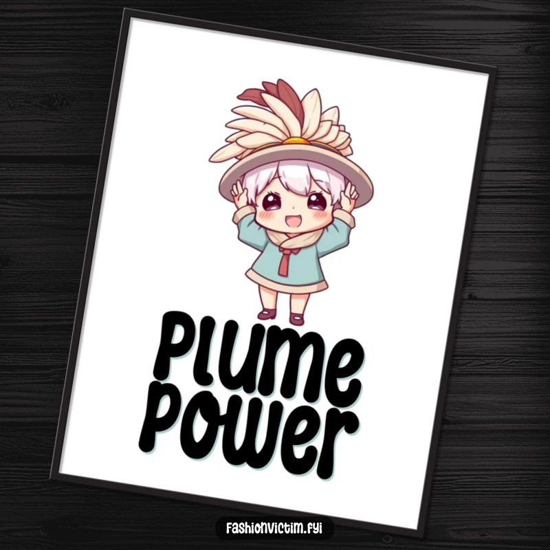 Funny digital art print showcasing a character joyfully wearing a ridiculously large, feathered hat, embodying playful drama and fashionable flair.