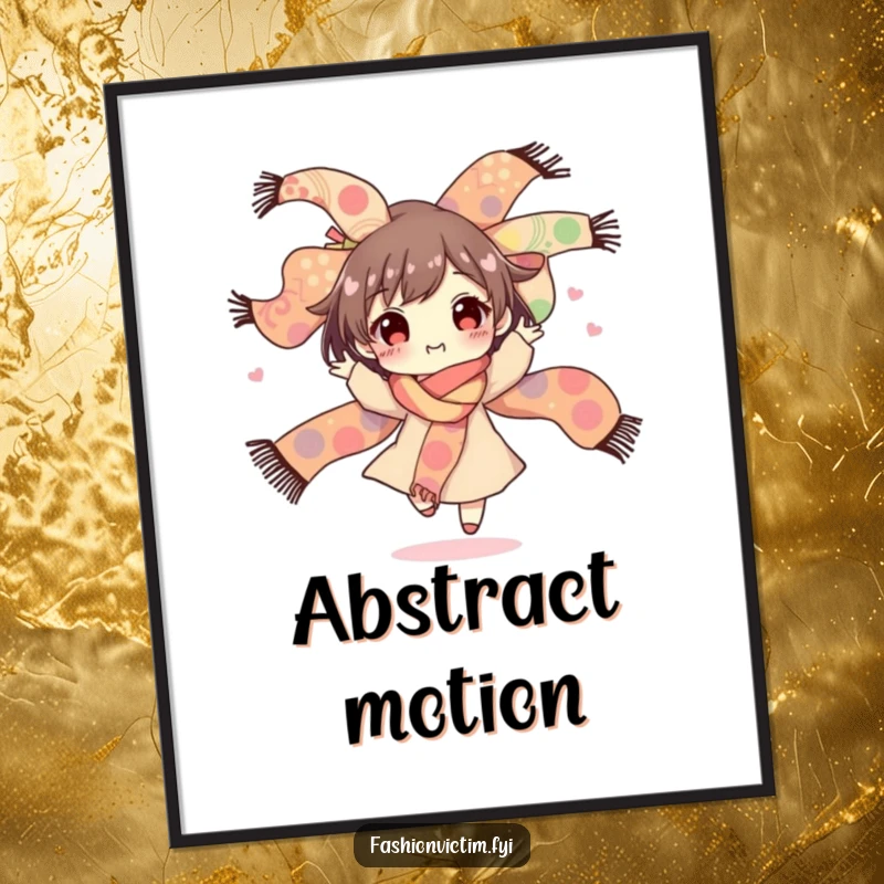 Funny digital art print showcasing a character gleefully spinning with a large, colorful bouquet of wildly patterned scarves, pure artistic flair.