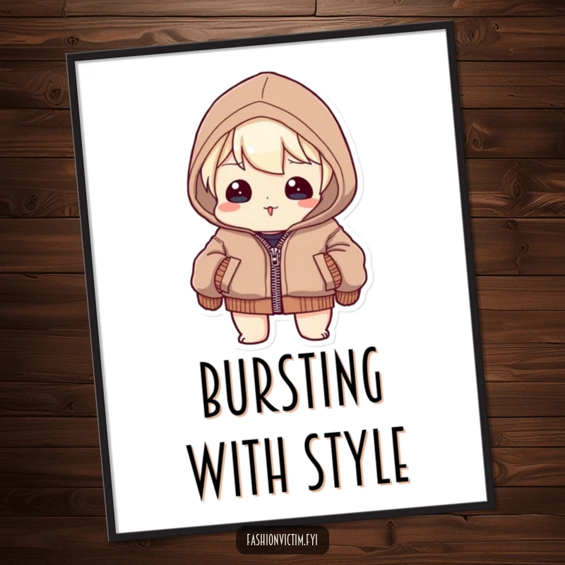 Funny Digital Art Print: Character straining to zip an impossibly small jacket, seams bursting, a humorous depiction of fashion challenges.