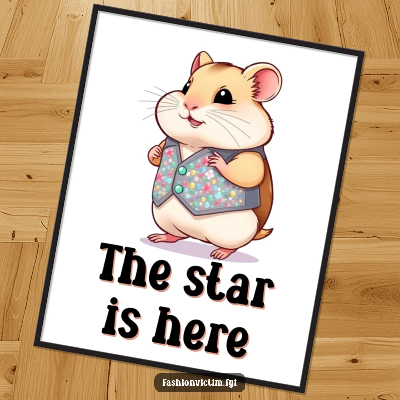 Funny Hamster Digital Art: A vibrant, high-resolution print of a chubby hamster strutting in a tiny, sparkling sequined vest, full of personality.