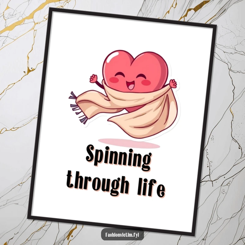 Funny Digital Art Print of a stylized heart character joyfully spinning a flowing scarf in a dynamic pose.