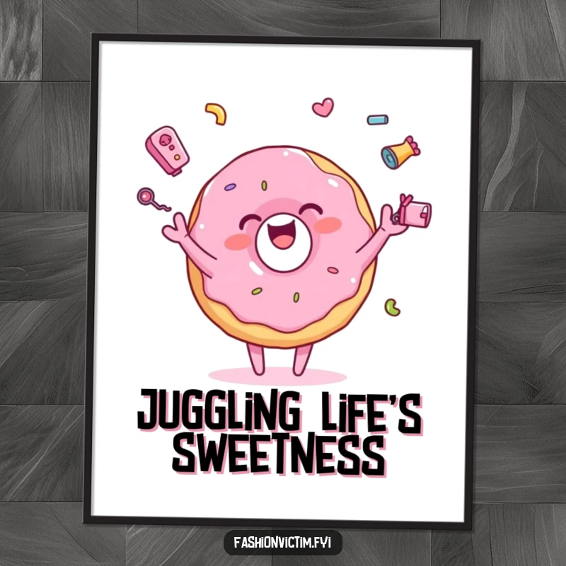 Funny digital art print of a pink donut character joyfully juggling tiny, colorful accessories, perfect for creating a fun and vibrant atmosphere.