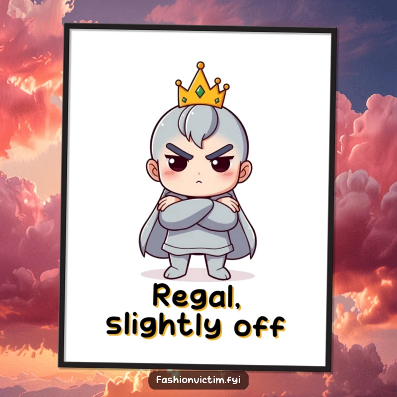 Funny digital art print of a character dramatically posing with crossed arms and a tiny crown humorously askew.