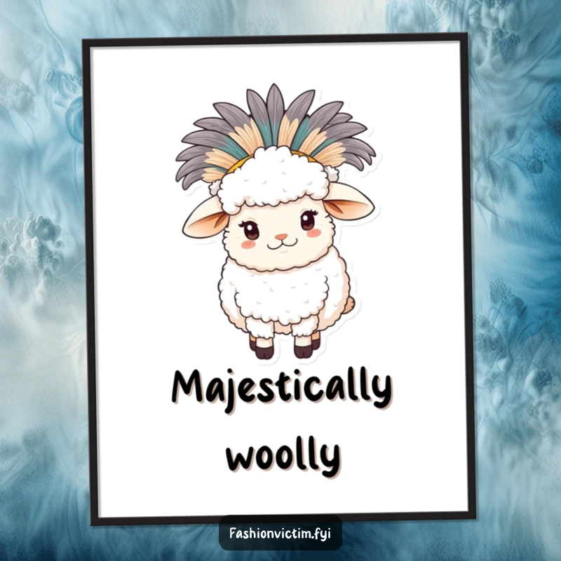 Funny sheep digital art print, a fluffy sheep wearing an elaborate feathered hat, instant humorous wall decor.