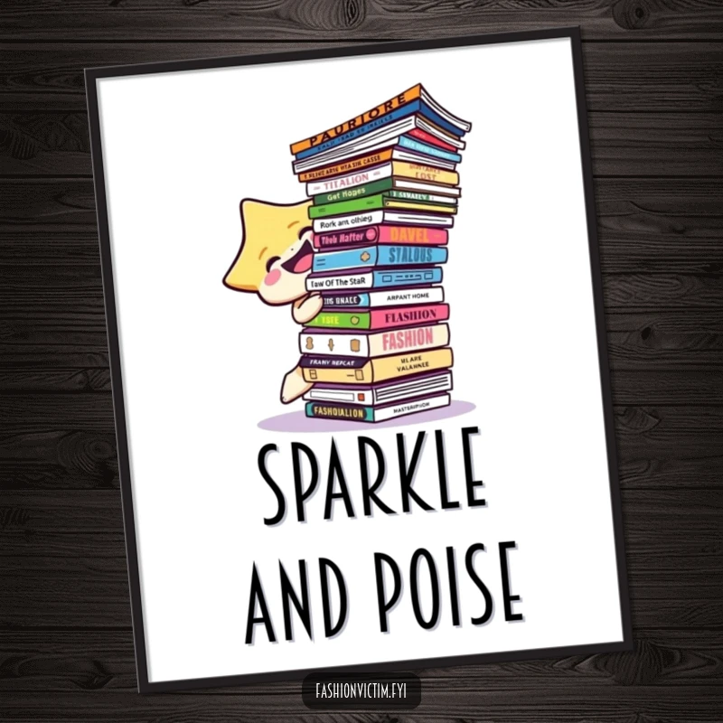 Funny star character laughing while precariously balancing a huge stack of fashion magazines, digital art print.