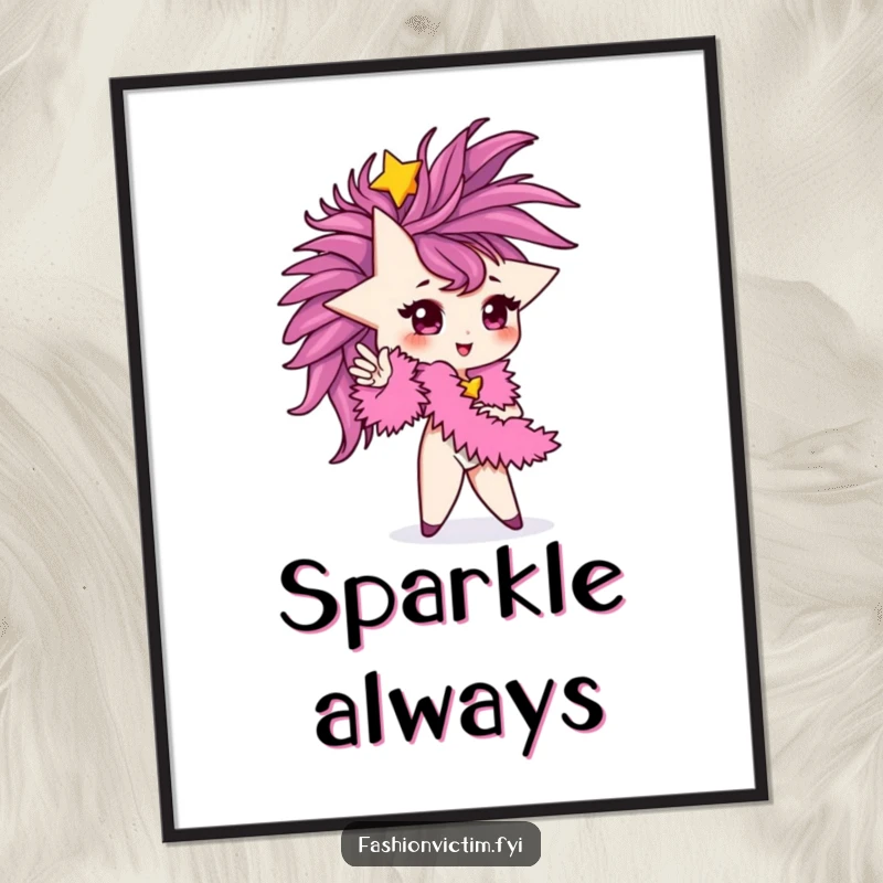 Funny Digital Art Print of a tiny star character striking a glamorous pose with a fluffy feather boa.