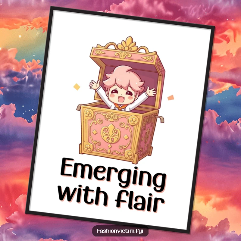 Funny Digital Art Print of a character bursting from an ornate box with arms outstretched, ideal for dynamic decor.