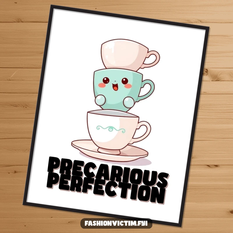 Funny teacup digital art print, a bewildered teacup precariously balancing teacups, instant wall decor.