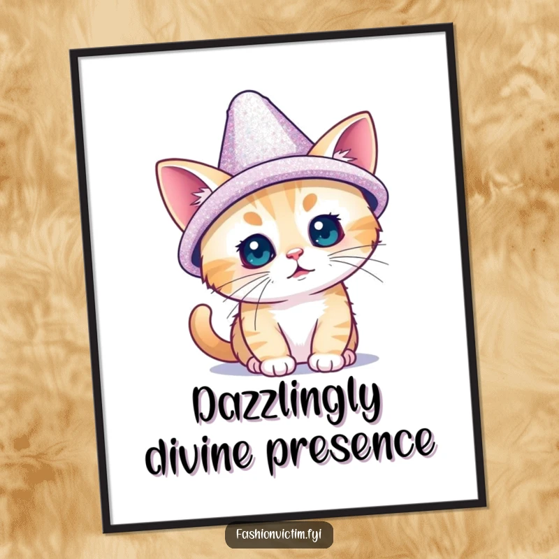 Funny digital art print of a tiny cat adorably trying on a dazzling, oversized, sparkly hat; captures the essence of feline glamour.
