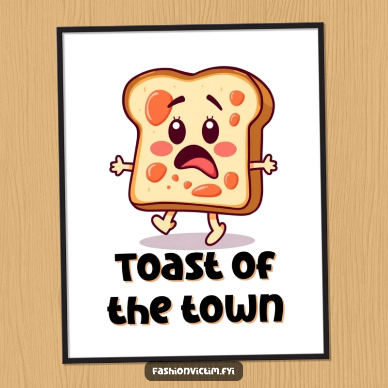 Funny digital art print of a surprised toast slice with jam, walking a fashion runway.