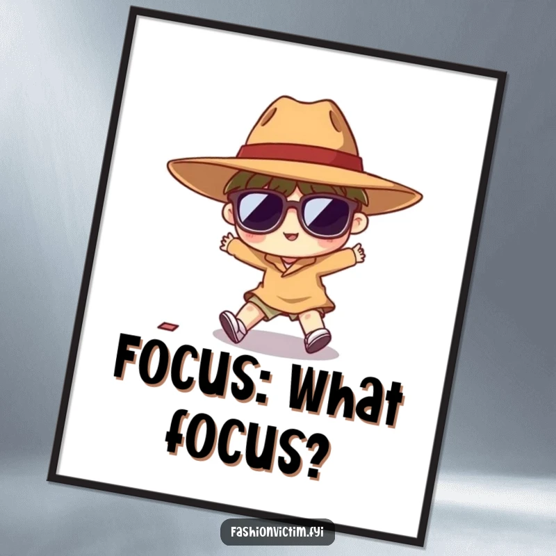 Funny digital art print of a tiny character hilariously tripping, wearing a comically oversized hat and large sunglasses.