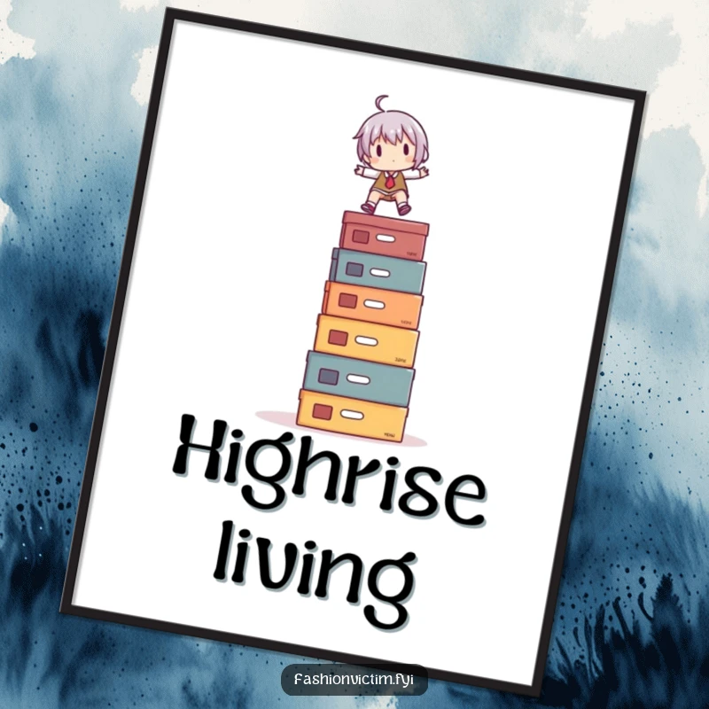 Funny Digital Art Print: A character in a comical balancing act atop a precarious pile of shoe boxes, perfect for humorous home decor.