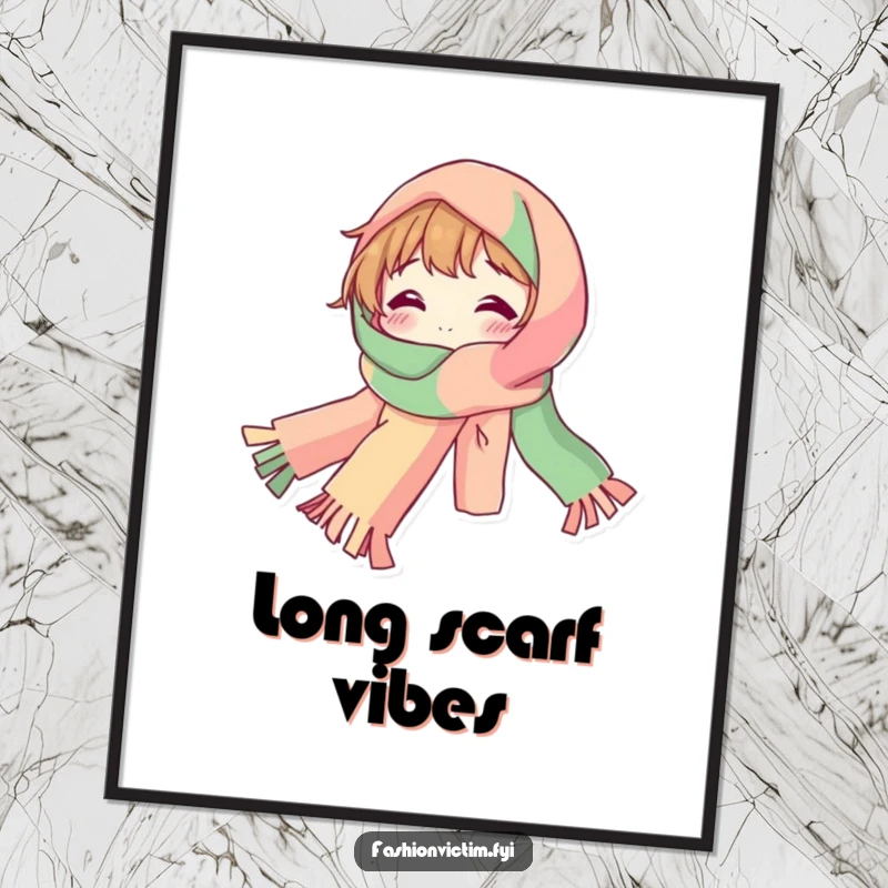Funny Digital Art Print of a bubbly character draped in a ridiculously long, colorful scarf, radiating cheerfulness.