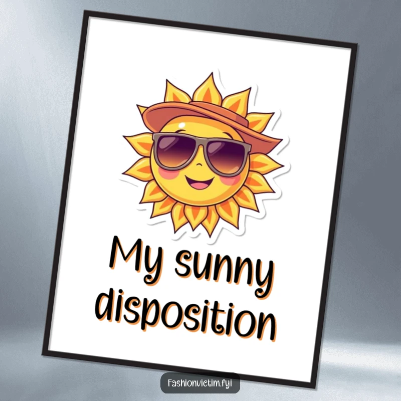 Funny Digital Art Print of a smiling sun character wearing oversized sunglasses and a stylish hat, exuding happiness.