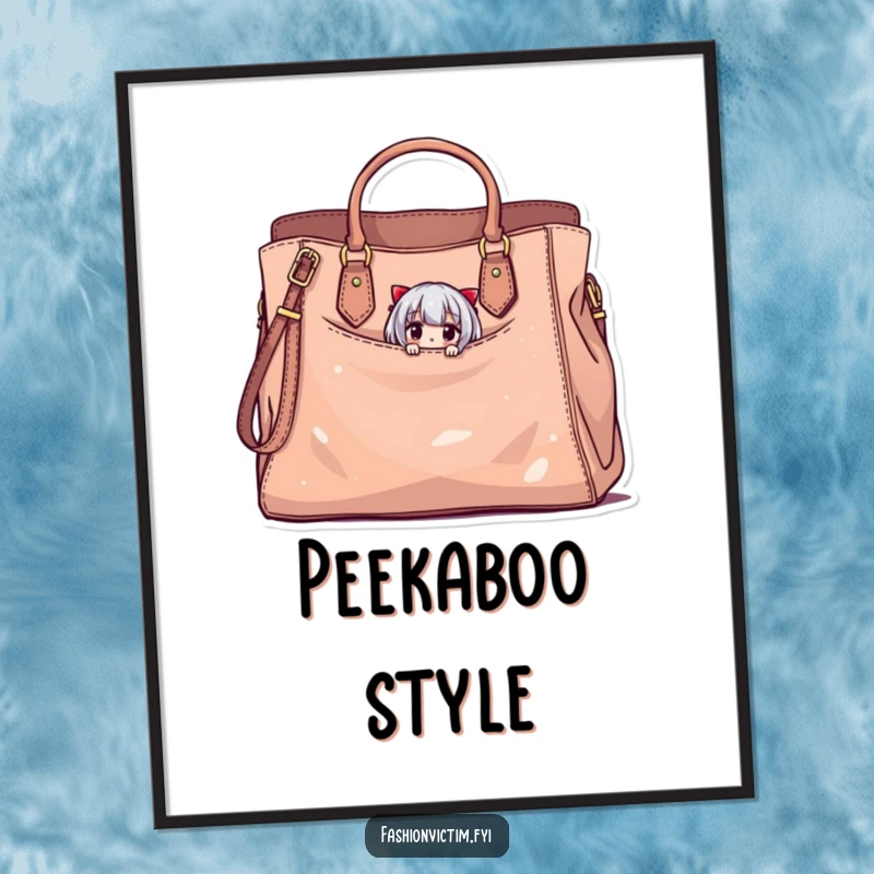 Funny digital art print of a tiny character peeking from a large, stylish handbag with minor damage, a high-resolution humorous artwork.